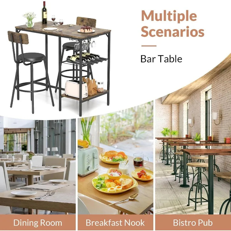 3 Pieces Pub Dining Table Set with Storage Shelf, Wine Rack & Glasses Holder