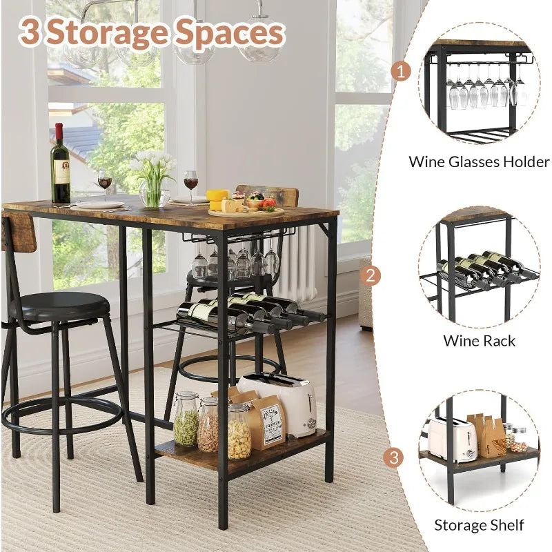 3 Pieces Pub Dining Table Set with Storage Shelf, Wine Rack & Glasses Holder