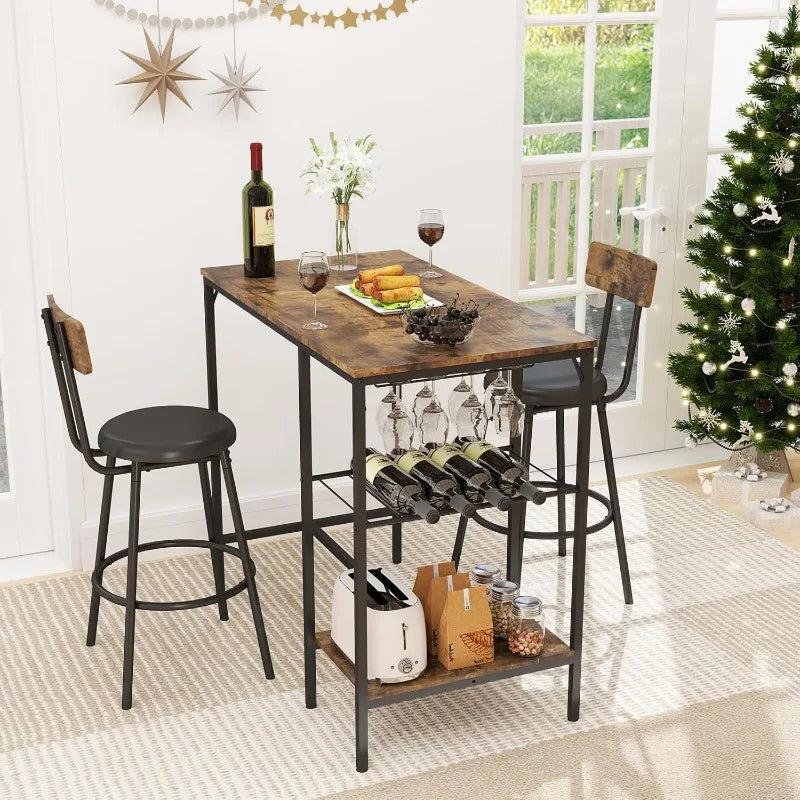 3 Pieces Pub Dining Table Set with Storage Shelf, Wine Rack & Glasses Holder