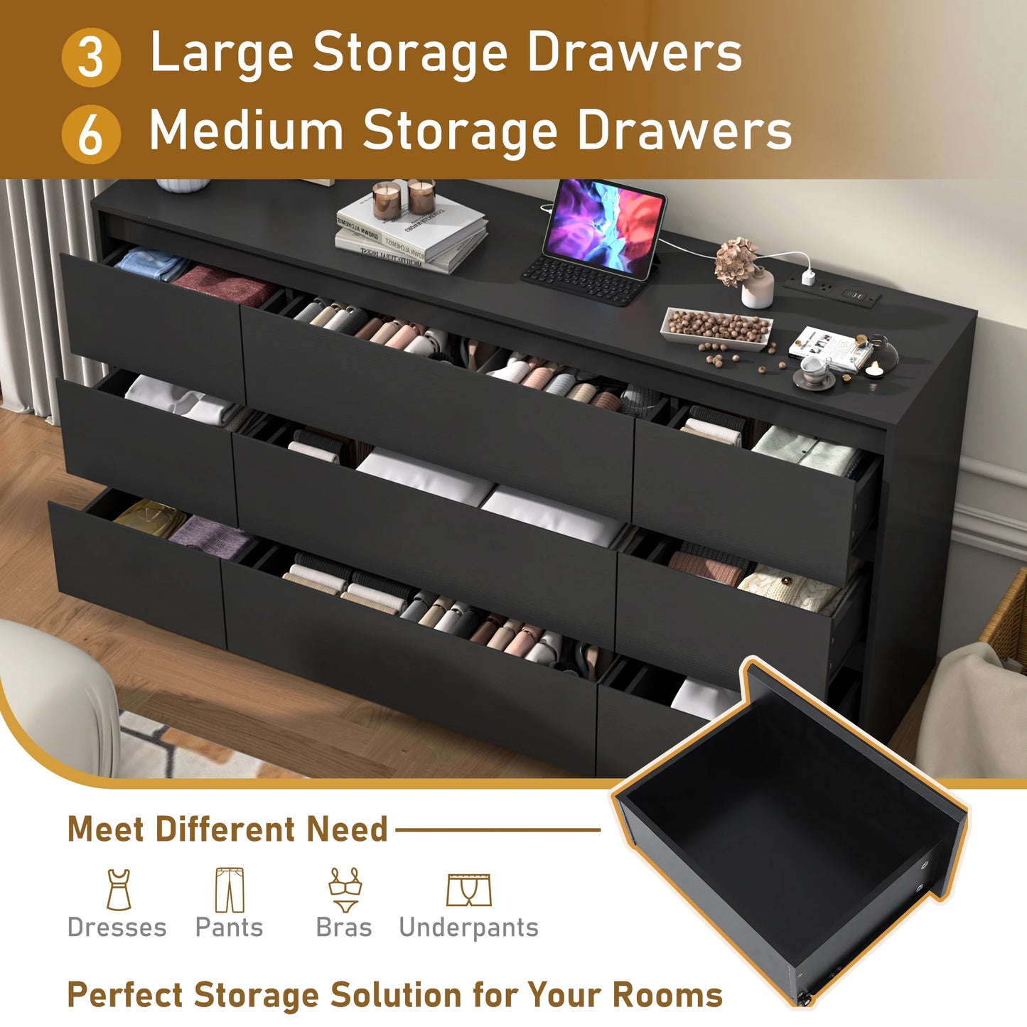 9 Drawer Dresser for Bedroom with Charging Station