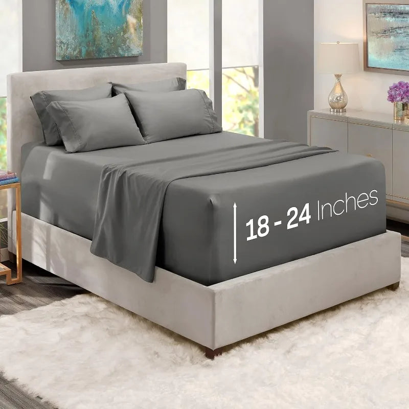 Deep Pocket King Size Sheets Sets - Fits Mattress 18-24 Inches, 6 Piece - Grey Sheets