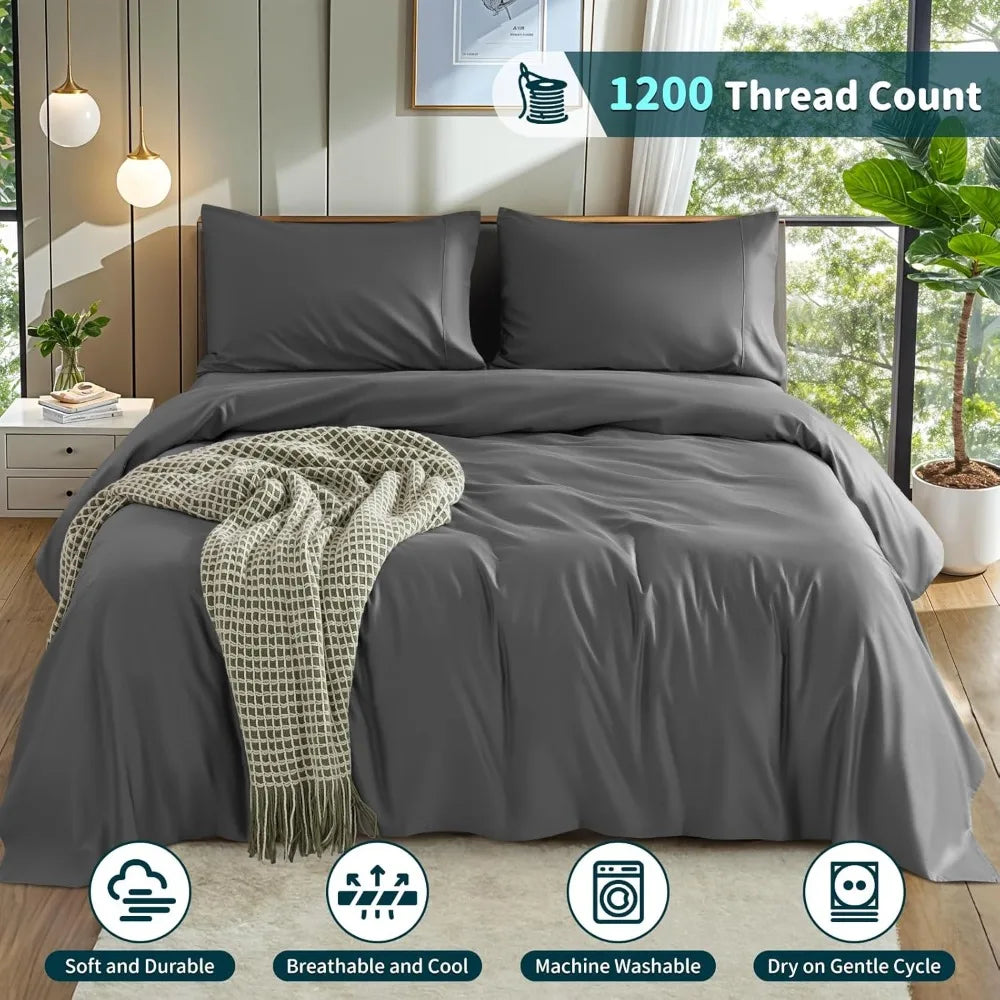 100% Cotton 1200 Thread Count King Size Sheets,16 inches Deep Pocket,Bed Sheet 4 Piece Sets