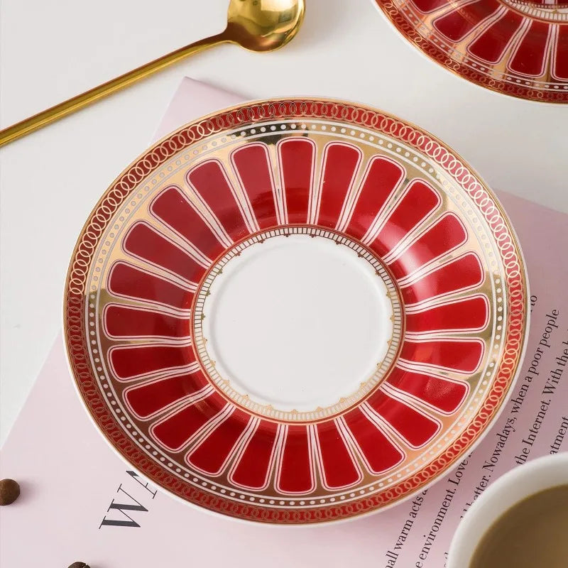 European Style Ceramic Coffee Cup Sets, 7 Oz Bone China Exquisitely Glazed Red and Gold Afternoon Tea Set, Tea Set (2 pack)