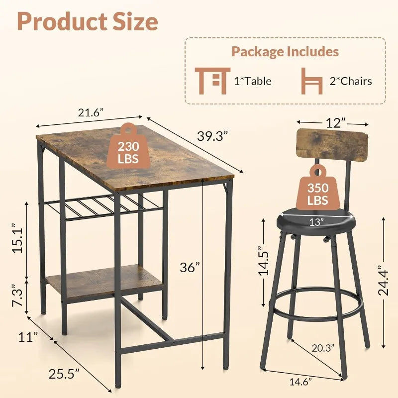 3 Pieces Pub Dining Table Set with Storage Shelf, Wine Rack & Glasses Holder