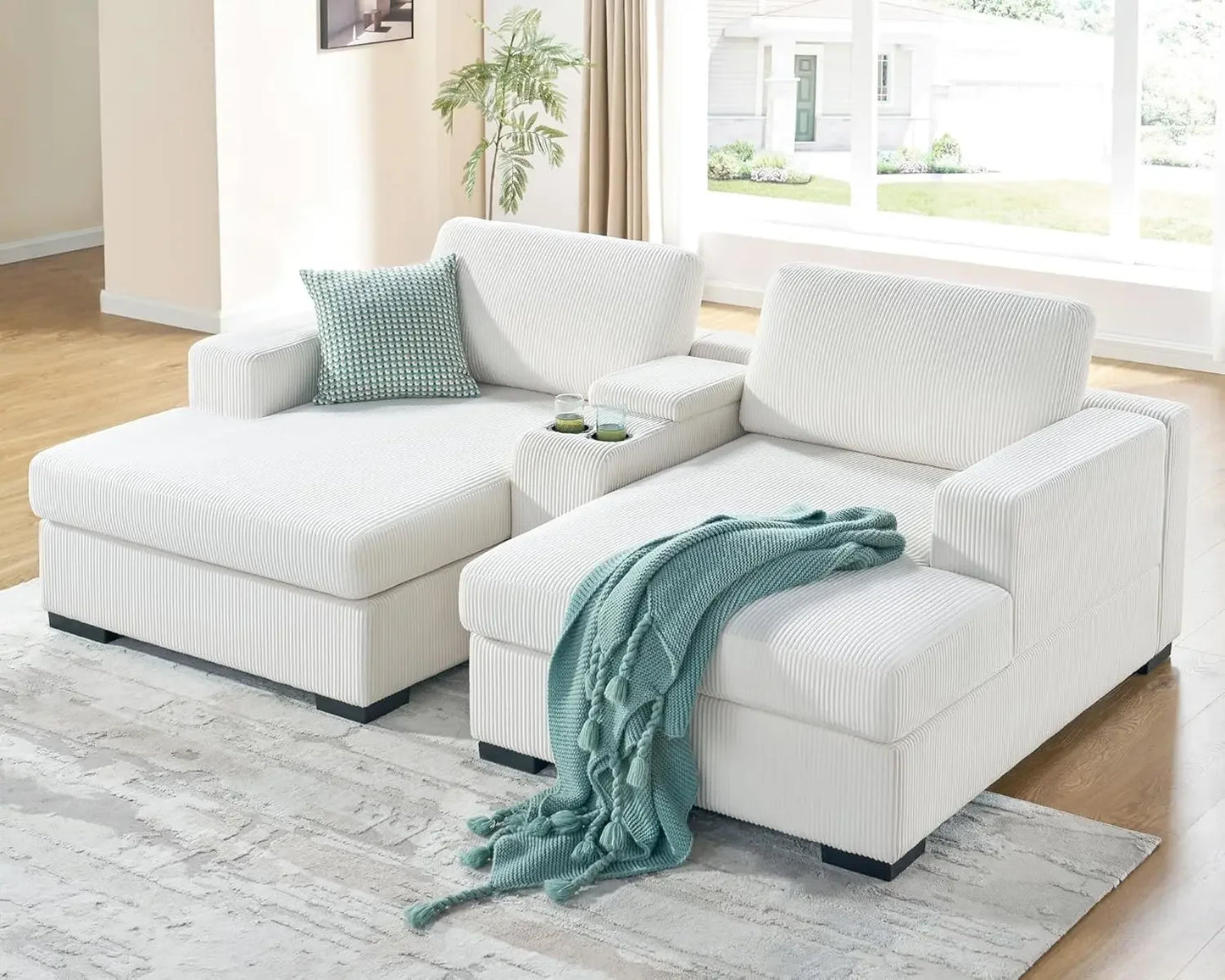 Double Chaise Lounge Sofa with Storage Console White Comfy Couch