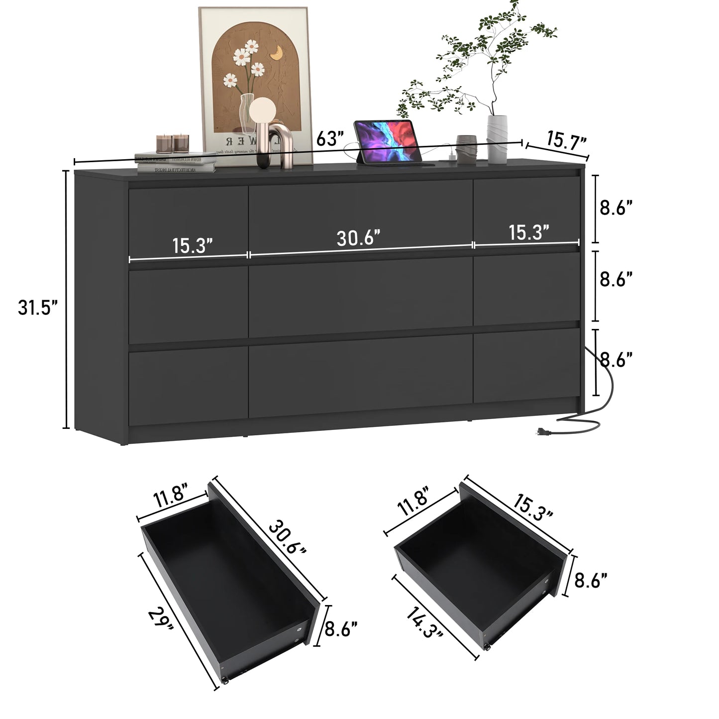 9 Drawer Dresser for Bedroom with Charging Station