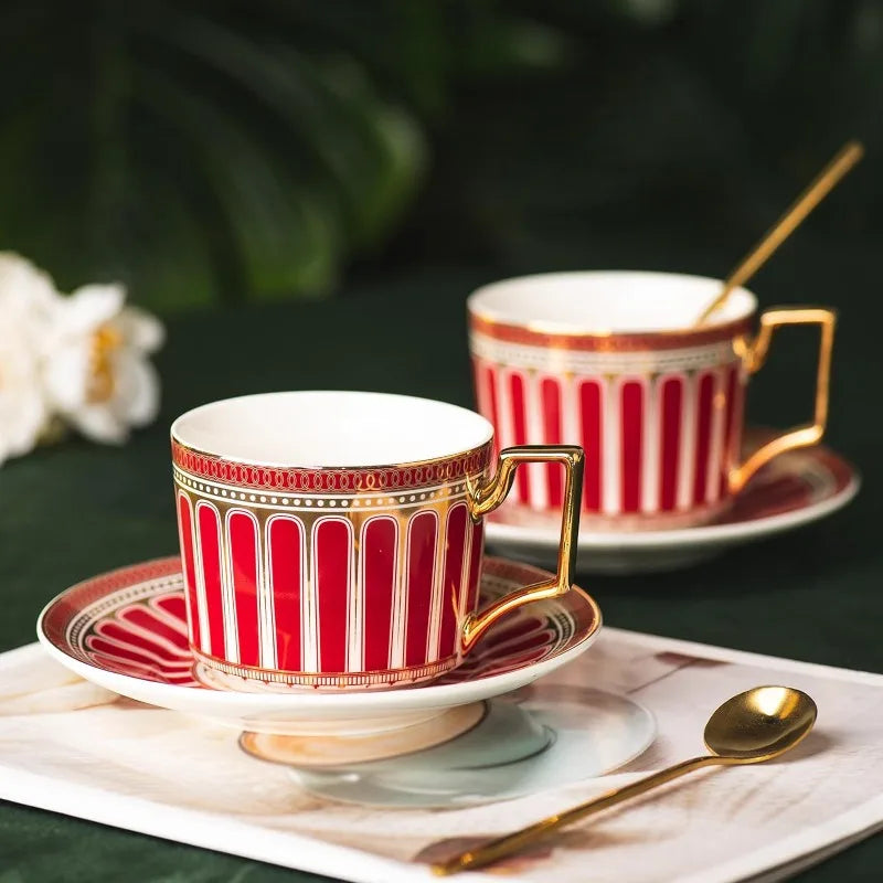 European Style Ceramic Coffee Cup Sets, 7 Oz Bone China Exquisitely Glazed Red and Gold Afternoon Tea Set, Tea Set (2 pack)