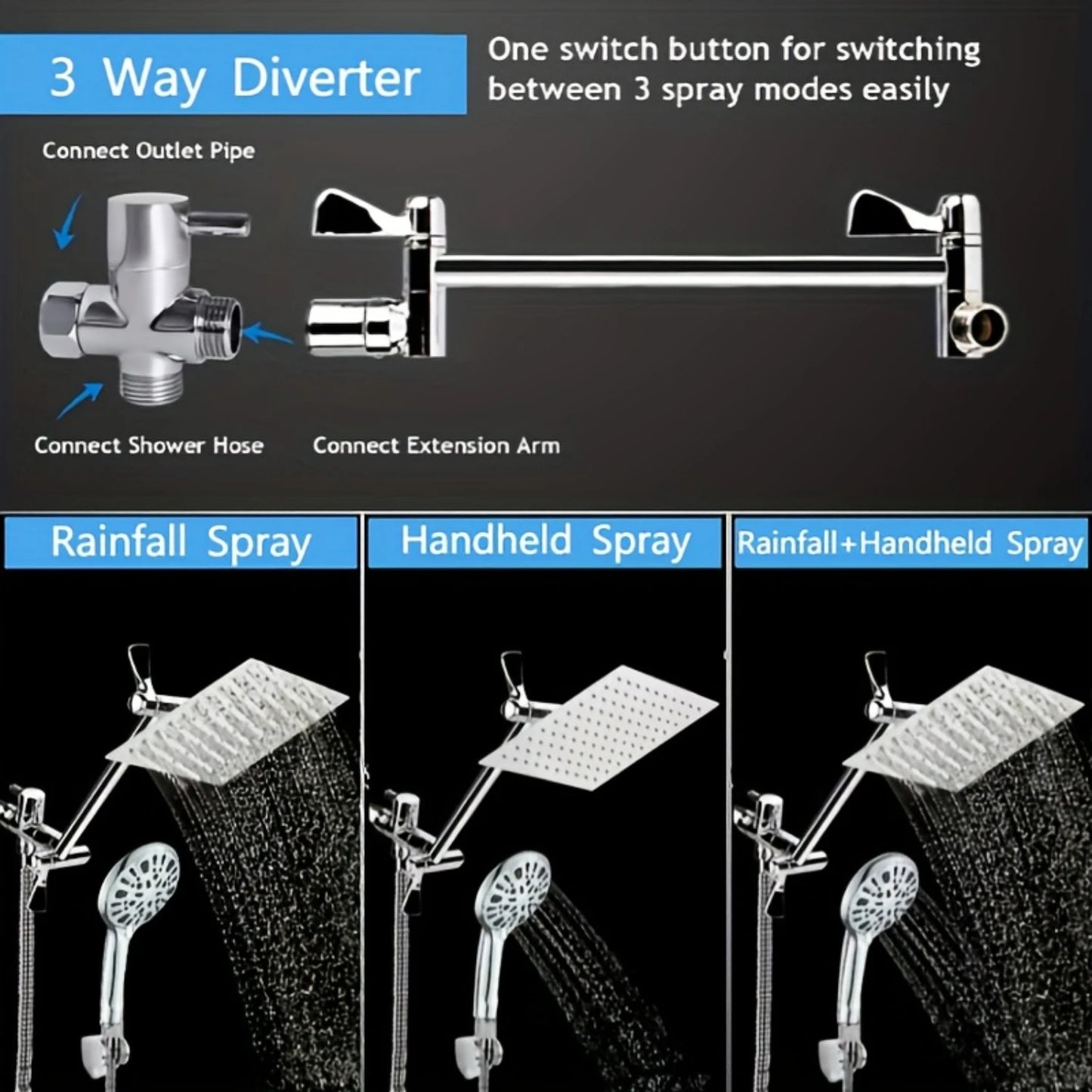 High Pressure Rain Shower Head, Handheld  Combo With Extension Arm