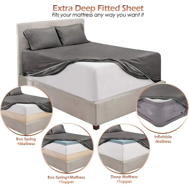 Deep Pocket King Size Sheets Sets - Fits Mattress 18-24 Inches, 6 Piece - Grey Sheets